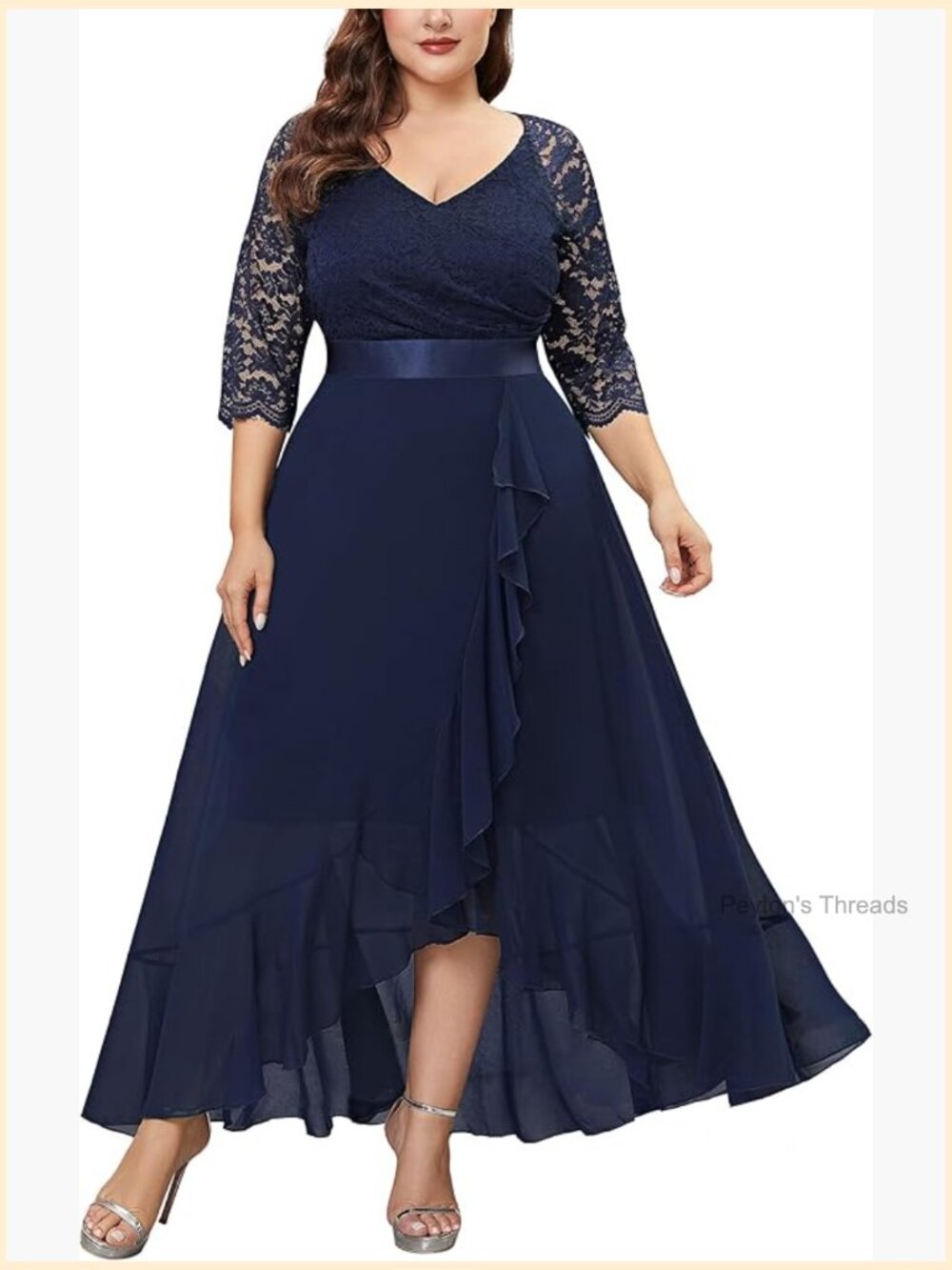 Plus Size V Neck Ruffle Floral Lace Bridesmaid Maxi Dress